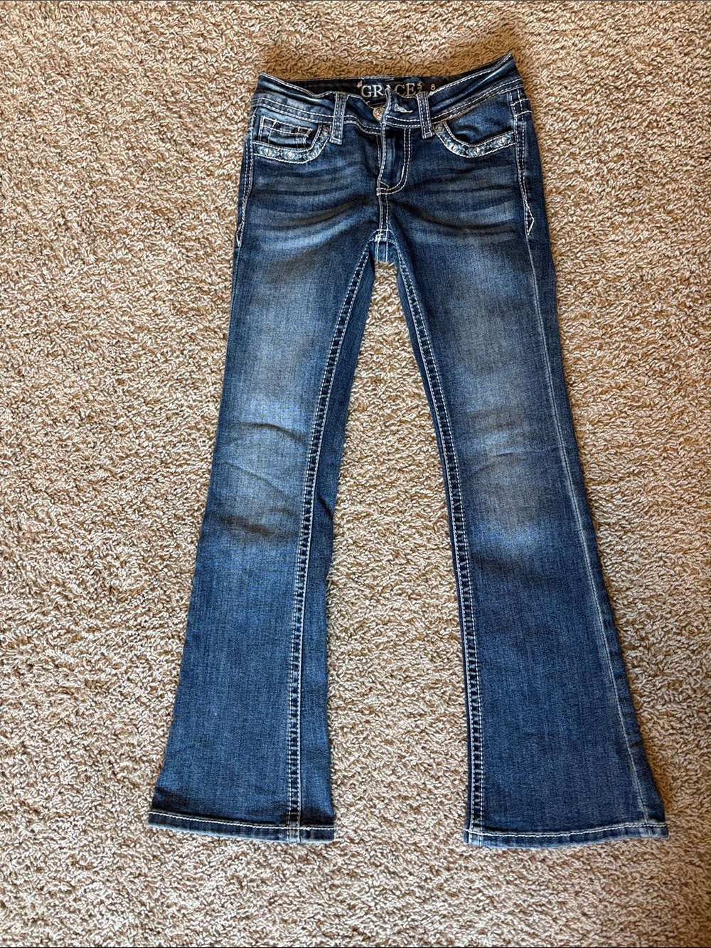 Grace in LA Dark Blue Flare Jeans with Contrast Stitching